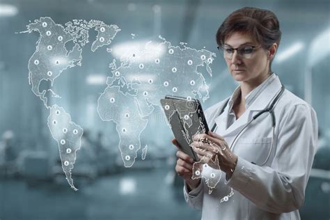 Doctor Studying World Map Using Tablet Stock Photo Image Of