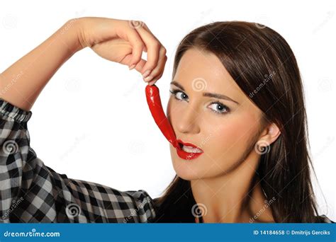 Beautiful Woman With Red Hot Chilli Pepper Stock Photo Image Of Close Model