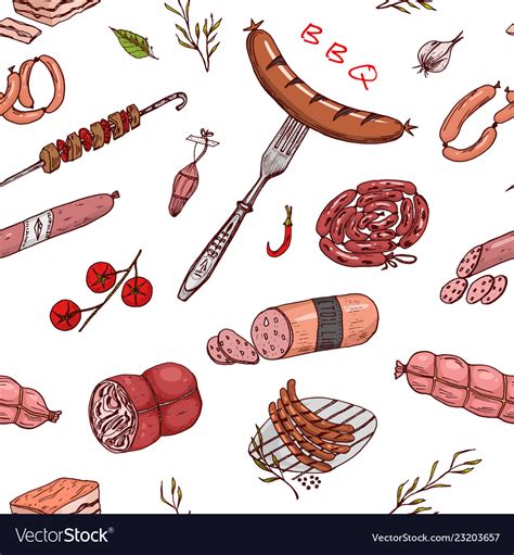 Meat Food Seamless Pattern Sausage And Steak Vector Image