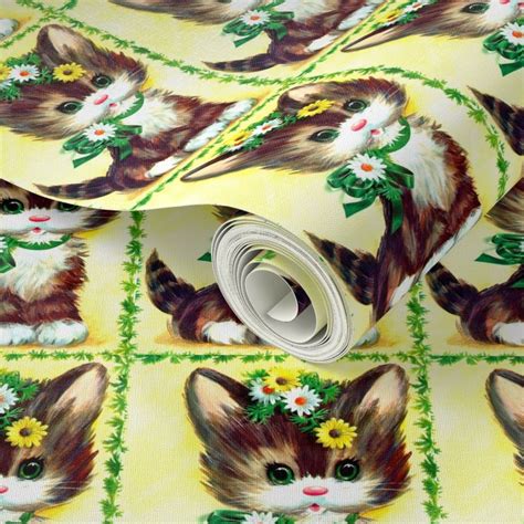 Cats Kittens Pussy Ribbons Vines Leaves Wallpaper Spoonflower