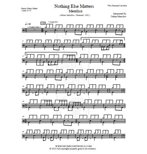 Metallica Nothing Else Matters Drum Sheet Drum Score