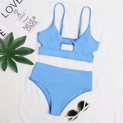 Sky Blue High Waist Bikini Hollow Out Back Swimwear 2 Piece Swimsuit Women S Fashion Swimwear