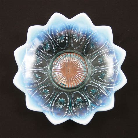 Antique Northwood Blue Opalescent Glass Spoke And Wheels Bowl Carnival Glass