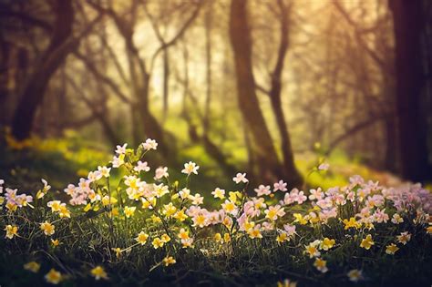 Premium Photo | Beautiful flowers on meadow with blurred forest