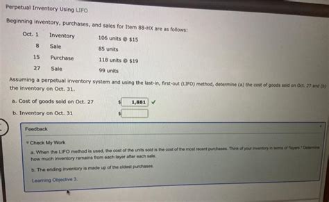 Solved Perpetual Inventory Using Lifo Beginning Inventory Chegg