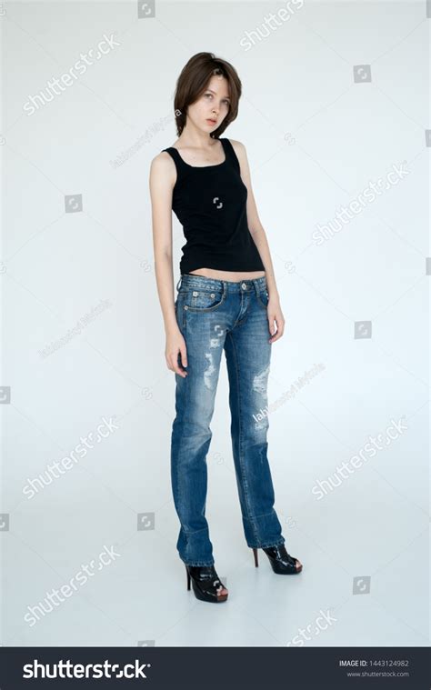 Beautiful Sexy Brunette Girl Black T Shirt Stock Photo