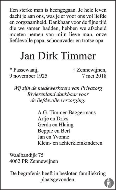 Jan Dirk Timmer Overlijdensbericht En Condoleances