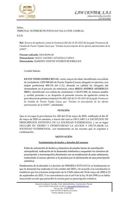 Recurso de Apelación - HUGO ASTUDILLO MINA - Ley 54 de 1990 - Studocu