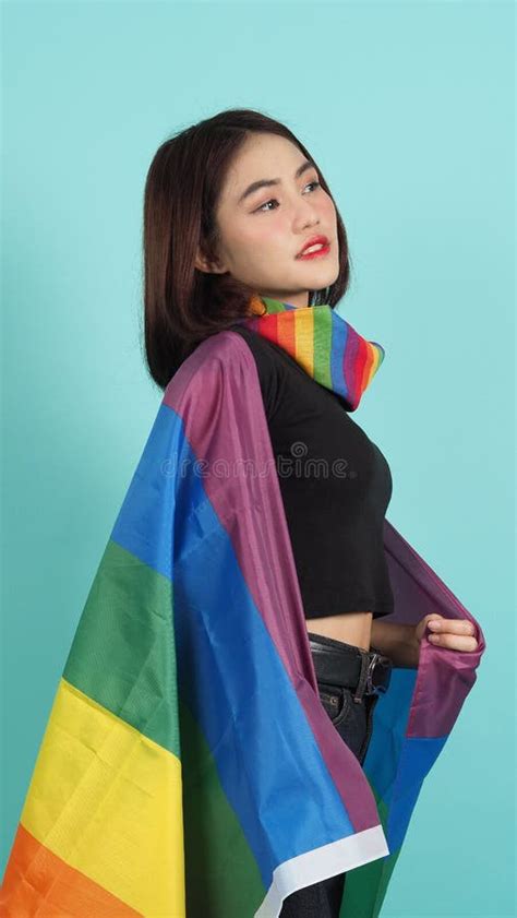 Lgbtq Girl And Pride Flag Lesbian Girl And Lgbt Flag Standing Blue Green Background Asian