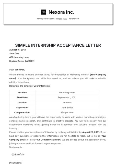 Free Simple Internship Acceptance Letter Template to Edit Online