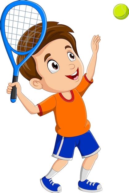 Niño de dibujos animados jugando al tenis Vector Premium