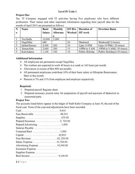 Level Four 2 COC Level IV Code 1 Project One Tec IT Company