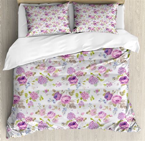 Shabby Chic Duvet Cover Set with Pillow Shams Roses and Violets Print ...