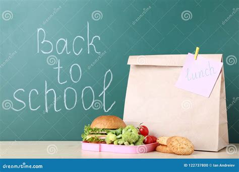 School Lunch With Paper Bag Stock Photo Image Of Healthy Chalkboard