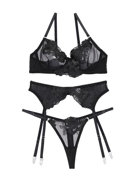 Snapklik Sexy Leaf Floral Embroidered Mesh Sheer Belt Women Underwire Push Up Lingerie Set