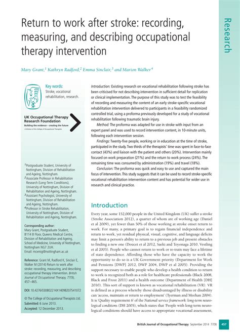 Pdf Return To Work After Stroke Recording Measuring And Describing