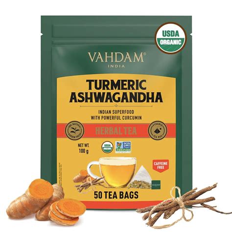 Vahdam Organic Turmeric Tea With Ashwagandha Green Tea Bags 50 Units 100g