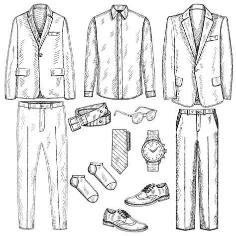 Desenhos De Roupas Masculinas - Vetor, isolado, esboço desenhado à mão conjunto de roupas masculinas ...