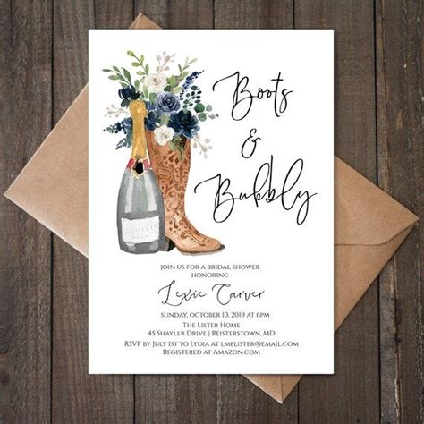 Navy Blue Boots And Bubbly Invitation Western Bridal Shower Invitation