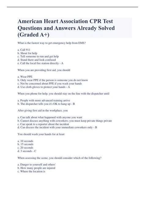 American Heart Association CPR Test Questions and Answers Already