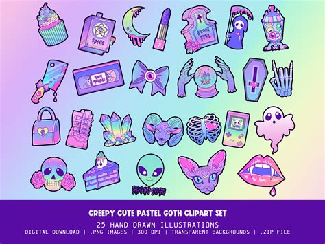 Creepy Cute Pastel Goth Clipart Set Pastel Goth Illustrations Pastel