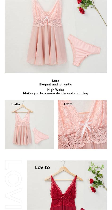 Lovito Sexy Lace High Waist Deep V Neck Nighties Sleepwear Lingerie Set L17X059 Pink Red