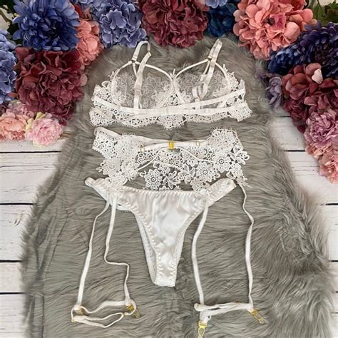 Intimates Sleepwear Pcs White Lace Bra Panty Garter Belt Lingerie Set Poshmark