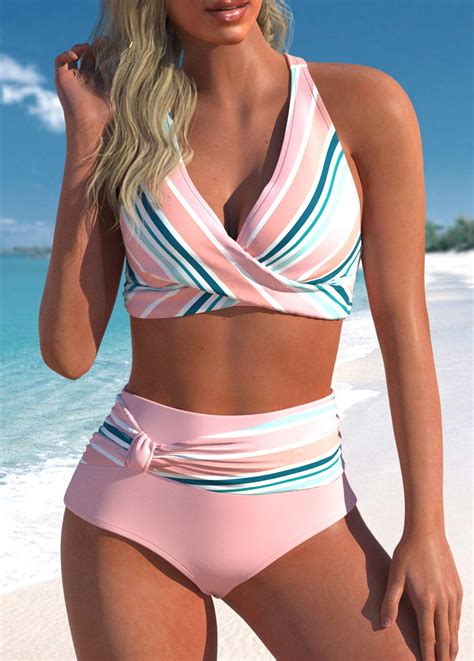 Multi Stripe Print Criss Cross Bikini Top Rosewe Usd