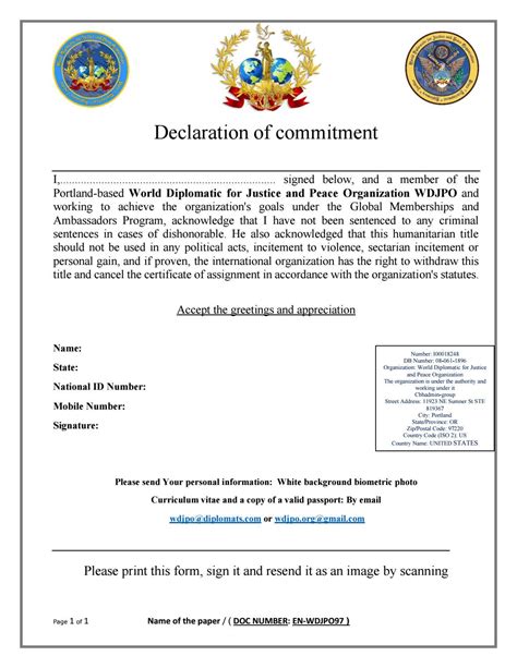 Declaration Of Commitment By World Diplomatic For Justice And Peace