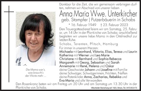 Traueranzeigen Von Anna Maria Unterkircher Trauer Bz