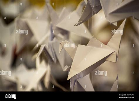 Japanese Folded Origami Cranes Hanging On With Strings Hundreds