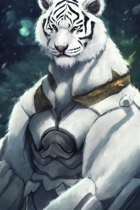 White Tiger With Armor Fursona Anthro Young Boy Stable Diffusion