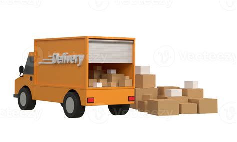 3d Delivery Van And Cardboard Boxes Product Goods Shipping Transport Fast Service Truck