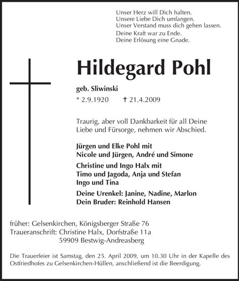 Traueranzeigen Von Hildegard Pohl Trauer In NRW De