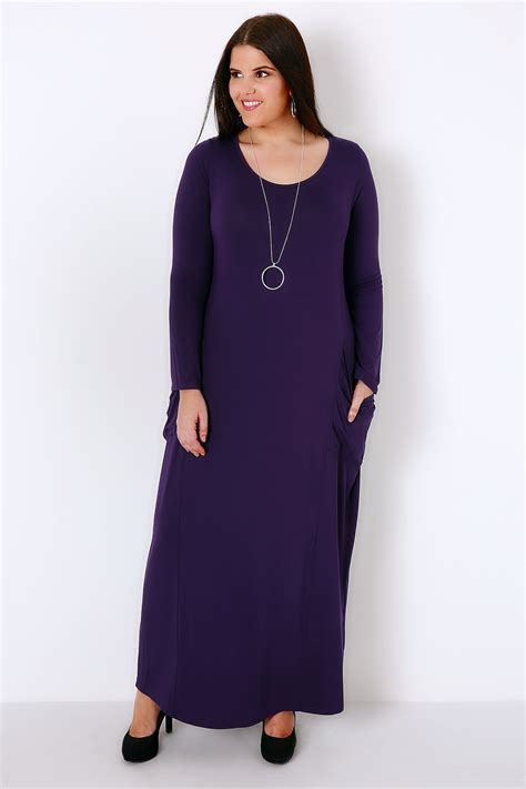 Purple Maxi Dress With Long Sleeves And Drop Pockets Plus Size 16 To 32