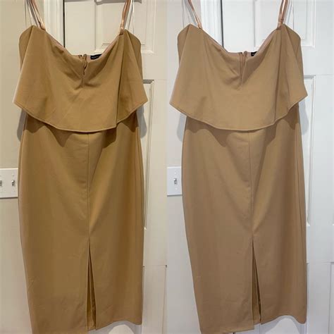 Boutique Nude Dress With Front Slit And Frilly Bust Depop