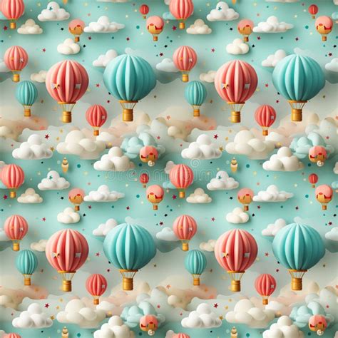 Seamless Pattern Of Vibrant Pink And Blue Hot Air Balloons Flying In The Sky Among Clouds Baby