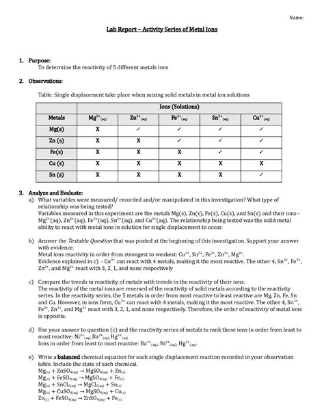 Lab Activity Series Name Lab Report Activity Series Of Metal Ions