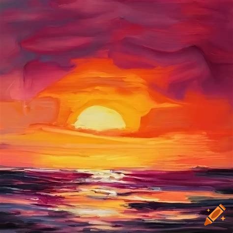 Oil Painting Of A Sunset Over The Ocean With Orange And Pink Hues