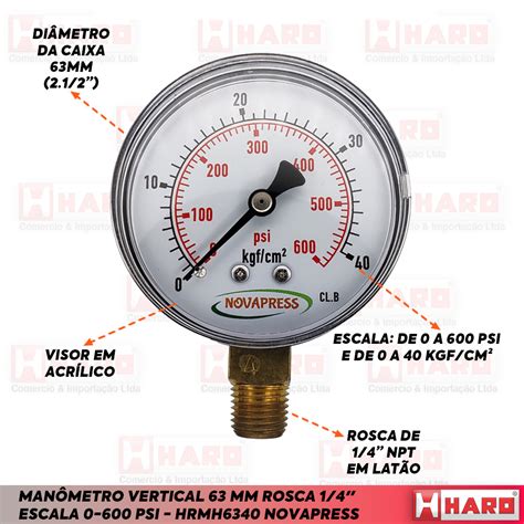 Manômetro Vertical 63 mm Rosca 1 4 Escala 0 600 PSI HRMH6340 NovaPress