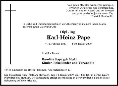 Traueranzeigen Von Karl Heinz Pape Trauer In Nrw De