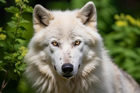 Premium AI Image | a white wolf with yellow eyes standing in the grass