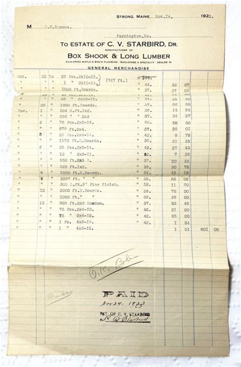 1923 Estate of C V Starbird Dealer Box Shook & Long Lumber STRONG MAINE ...