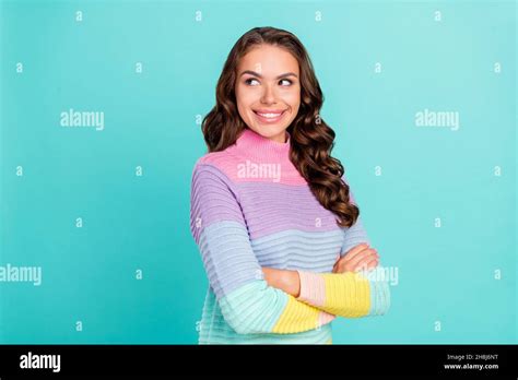 Photo Of Manager Brunette Millennial Lady Crossed Arms Look Empty Space Wear Striped Pullover