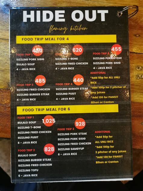 Menu at Hide Out Flaming Kitchen restaurant, Taguig