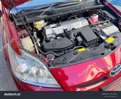 toyota hybrid prius engine closeup swat stock photo