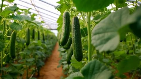 Los Pepinos Maduros Crecen En Las Ramas En El Invernadero De La Granja