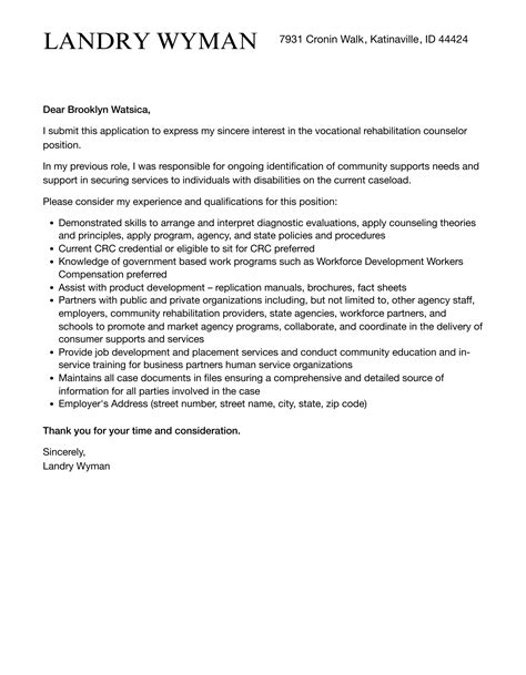 Vocational Rehabilitation Counselor Cover Letter | Velvet Jobs
