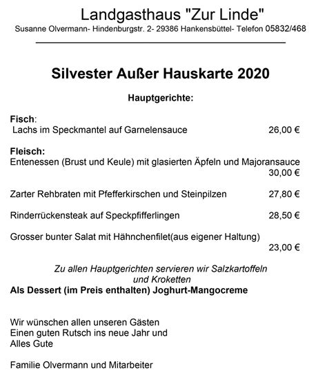 Silvesteralacartekarte Hotel Zur Linde Hankensb Ttel