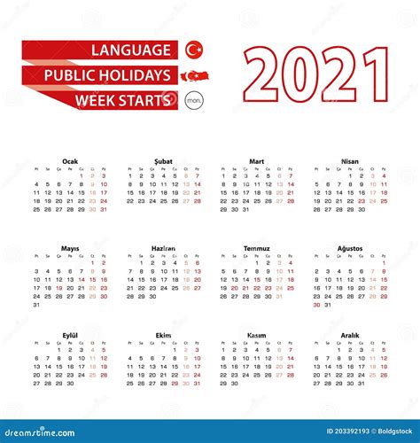 Calendar 2021 in Turkish Language with Public Holidays the Country of